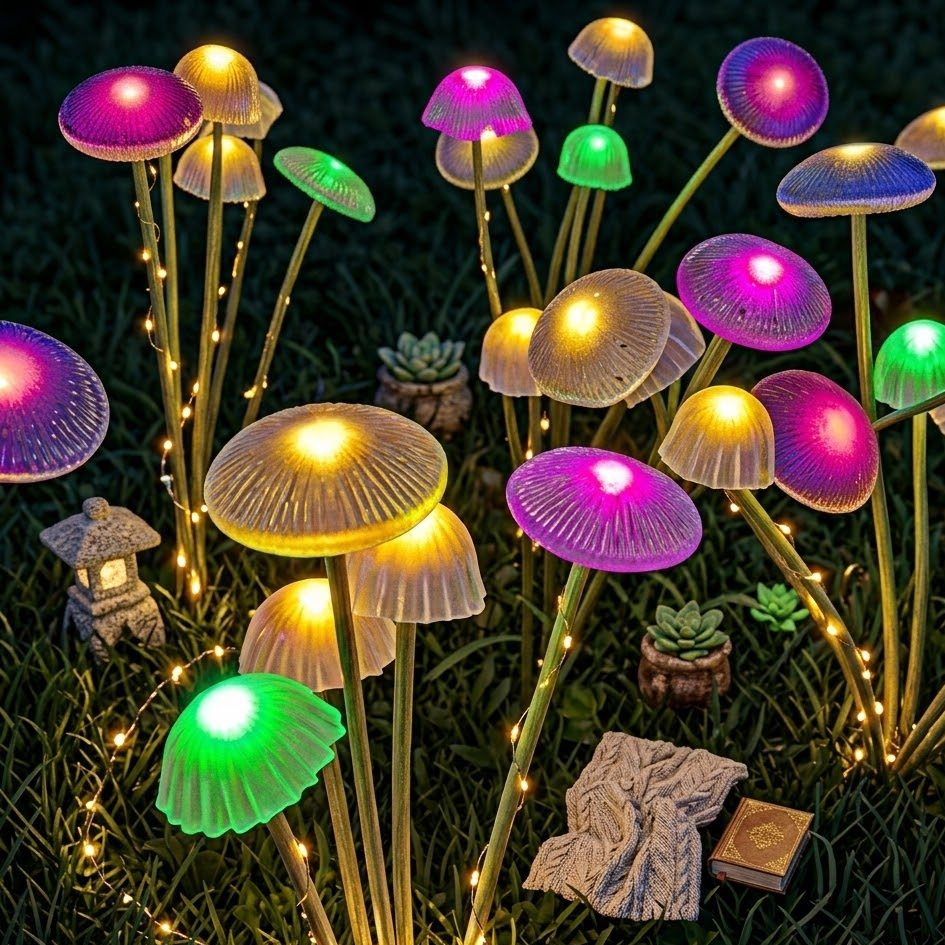 Solar Mushroom Garden Stakes Set of 4